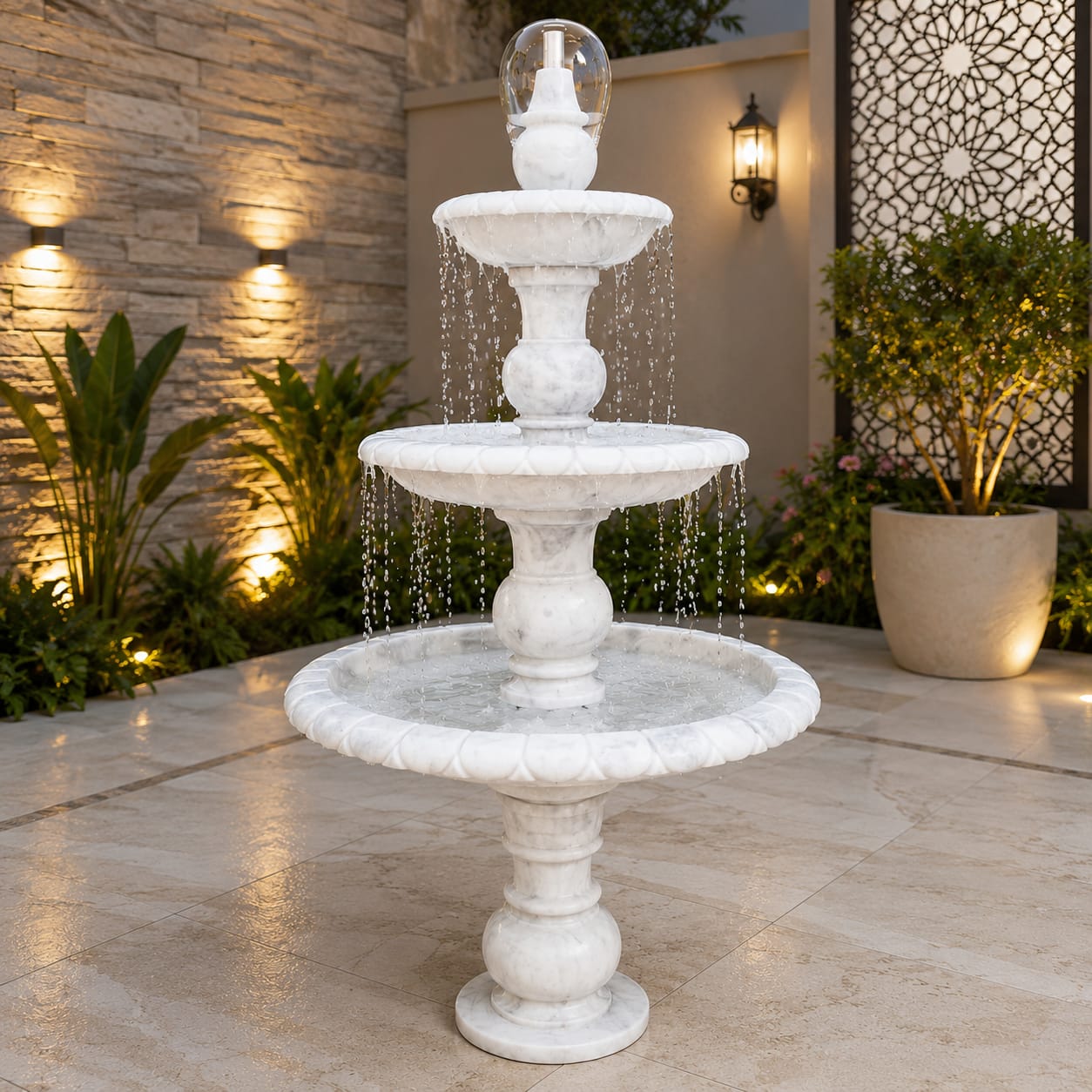 White Fluted Marble 3-Tier Fountain