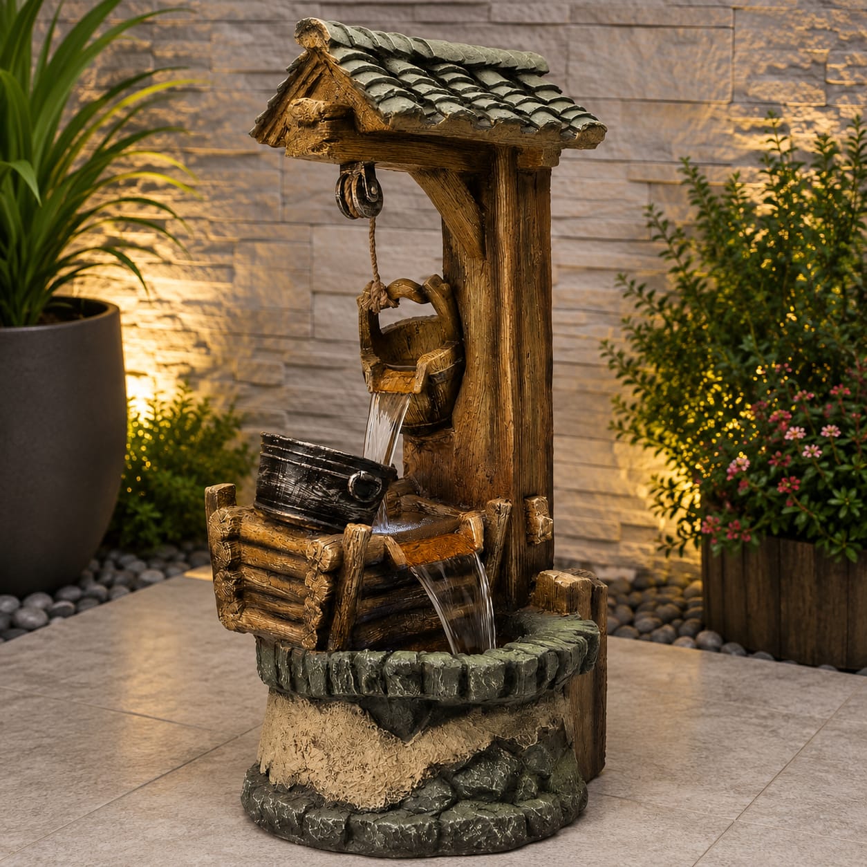 Rustic Wooden Well Fountain