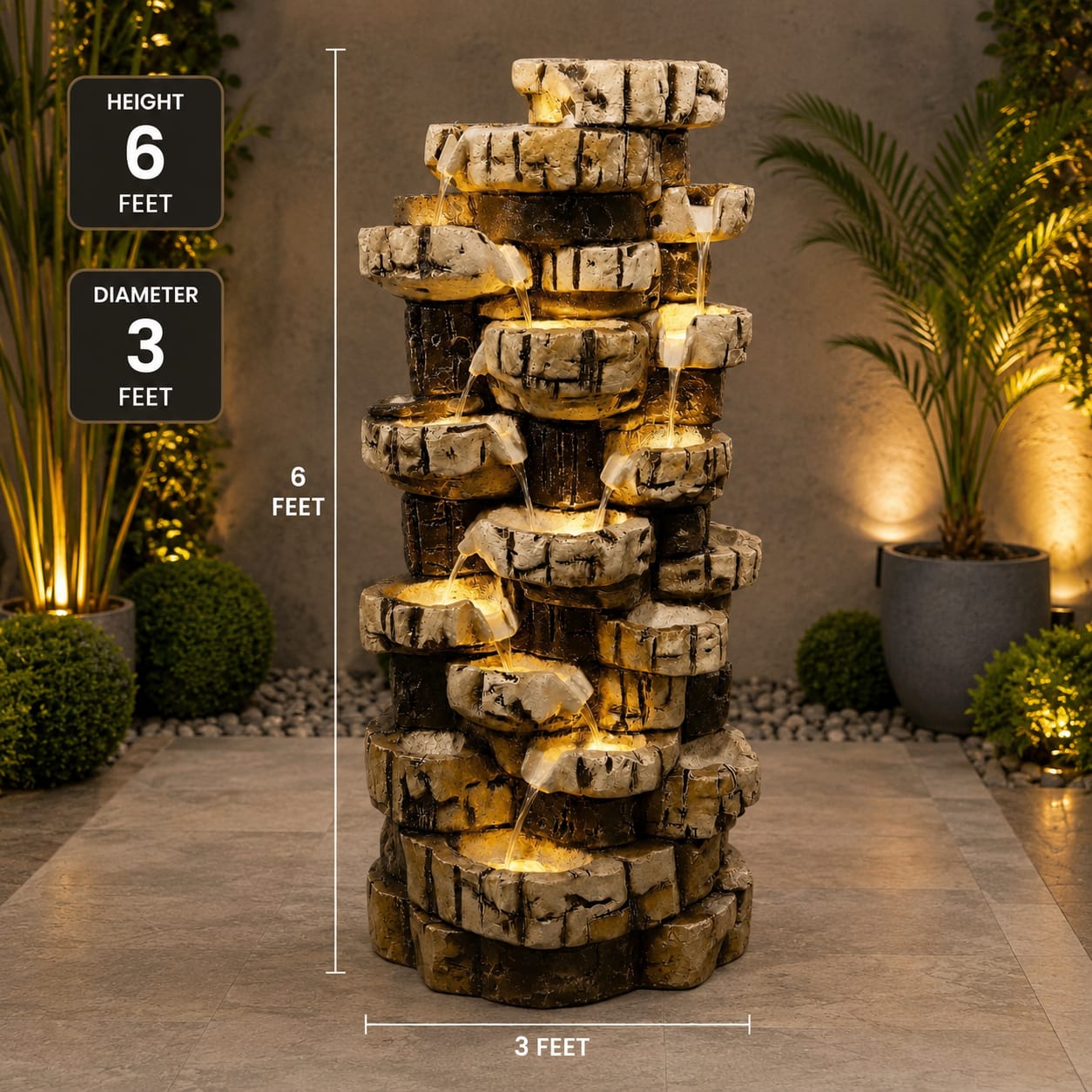 LED Illuminated Tiered Rock Waterfall Fountain Resin Pot