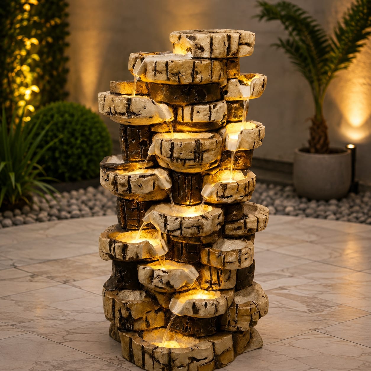 LED Illuminated Tiered Rock Waterfall Fountain Resin Pot