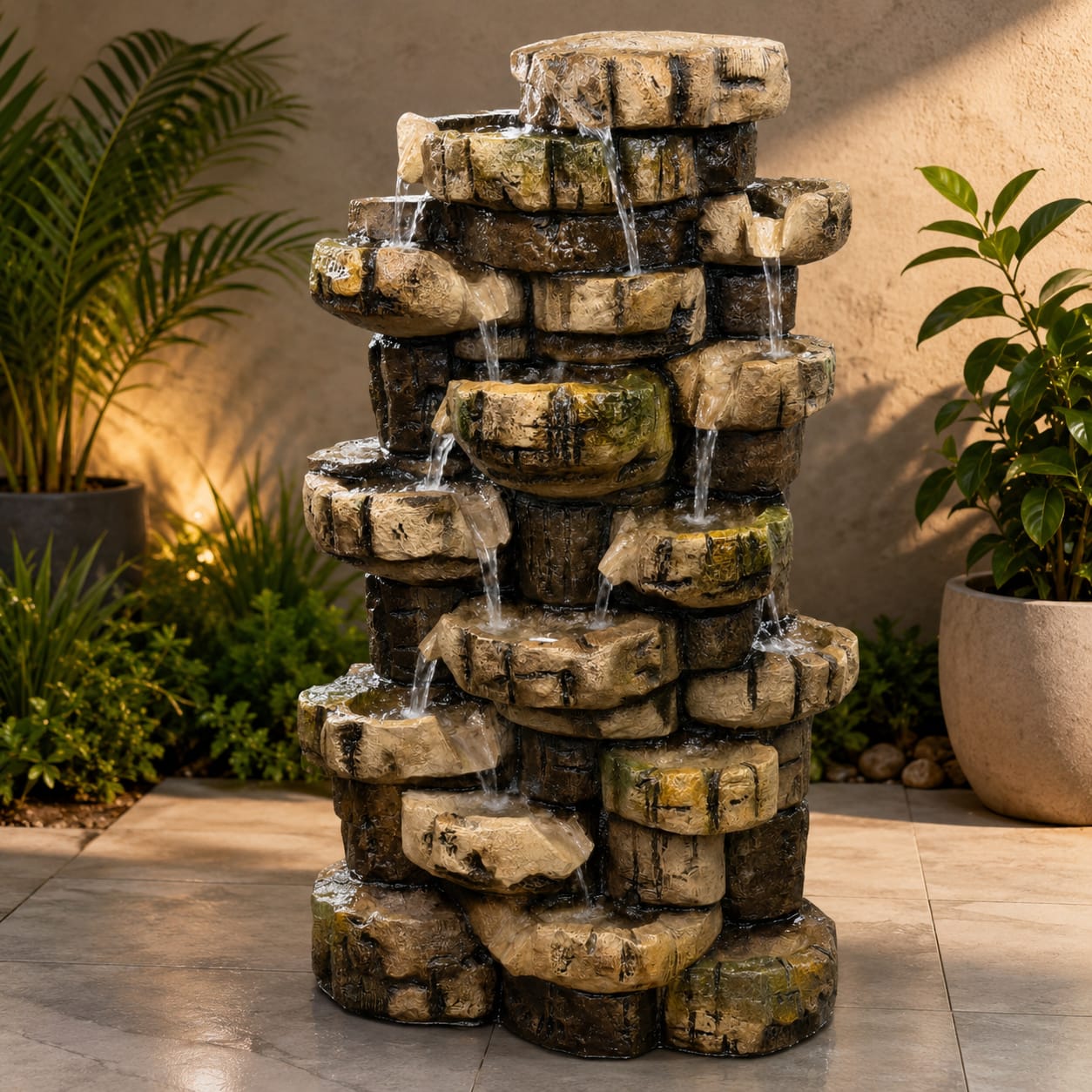 LED Illuminated Tiered Rock Waterfall Fountain Resin Pot
