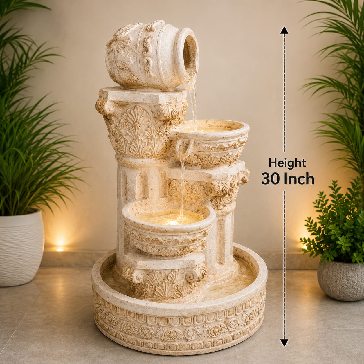 White tiered Mediterranean-style outdoor fountain made of durable, lightweight material
