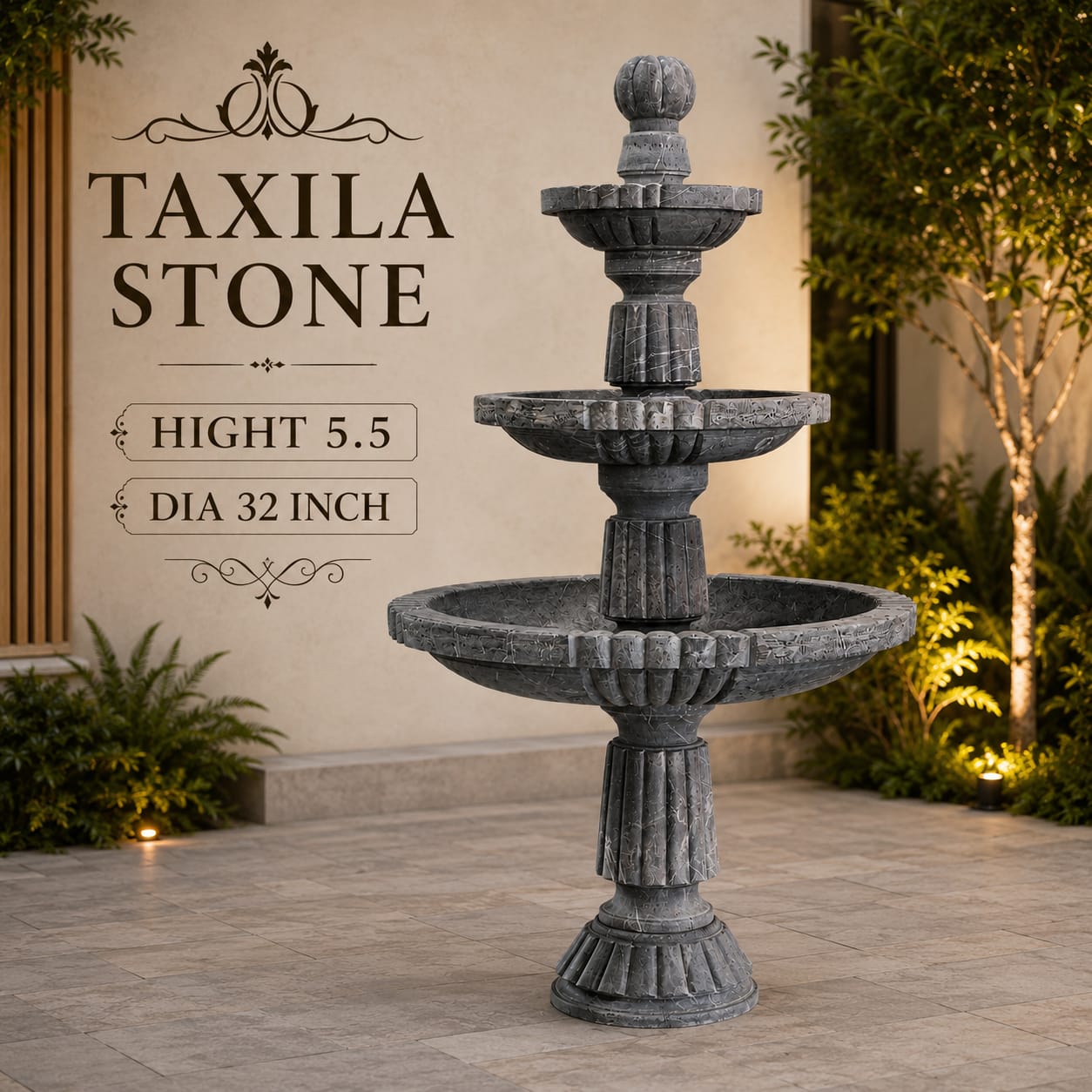 Grey Fluted Marble 3-Tier Fountain