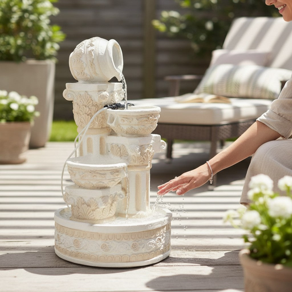 White tiered Mediterranean-style outdoor fountain made of durable, lightweight material