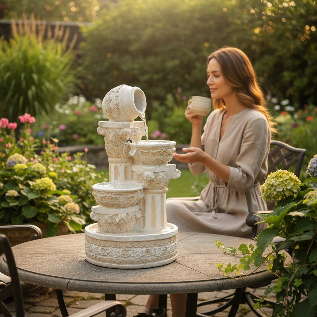 White tiered Mediterranean-style outdoor fountain made of durable, lightweight material