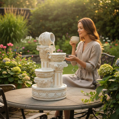 White tiered Mediterranean-style outdoor fountain made of durable, lightweight material
